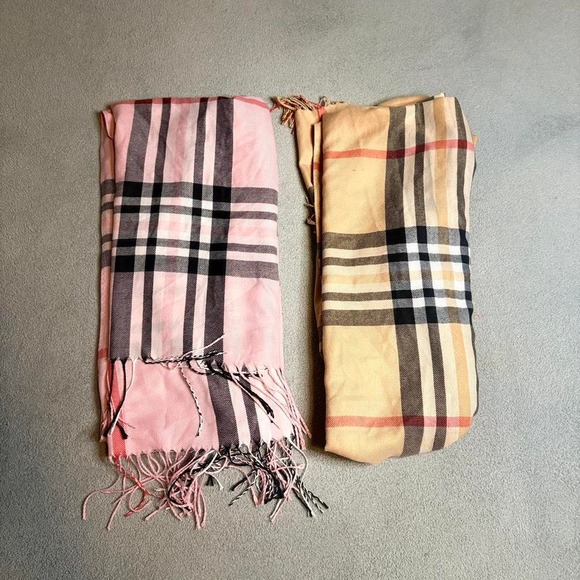 Light Pink & Tan Checkered Pashmina Scarf with fringe, - Picture 1 of 4